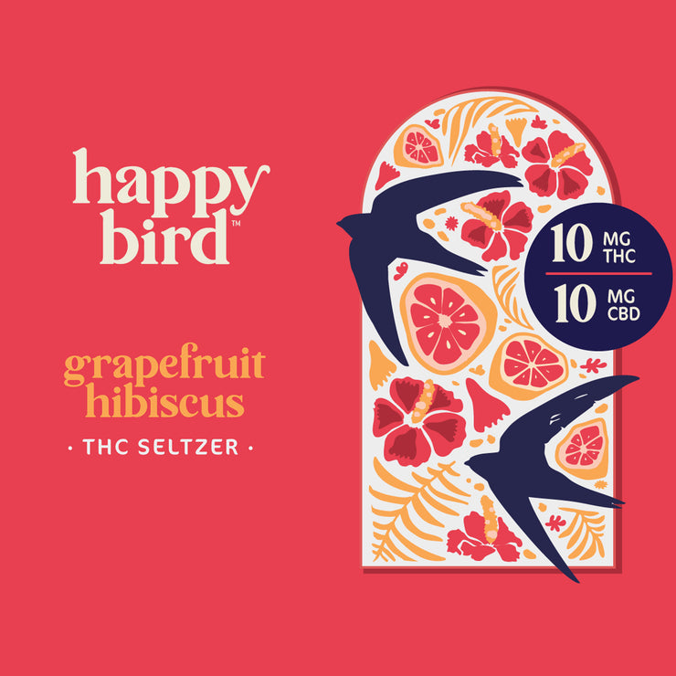 PRE-ORDER: Happy Bird Grapefruit Hibiscus THC 10mg Seltzer 12oz 4pk