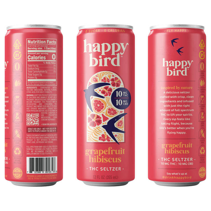 PRE-ORDER: Happy Bird Grapefruit Hibiscus THC 10mg Seltzer 12oz 4pk