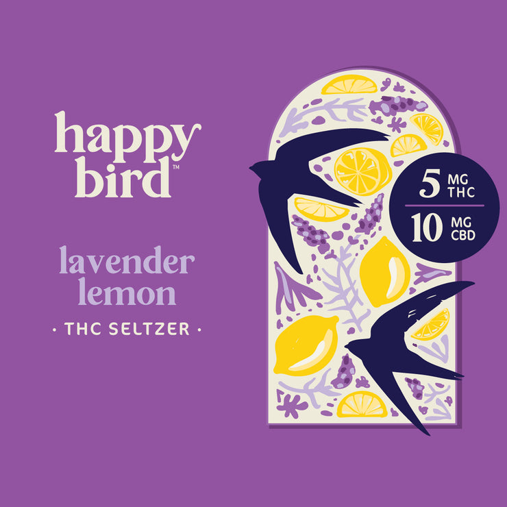 PRE-ORDER: Happy Bird Lavender Lemon THC 5mg Seltzer 12oz 4pk