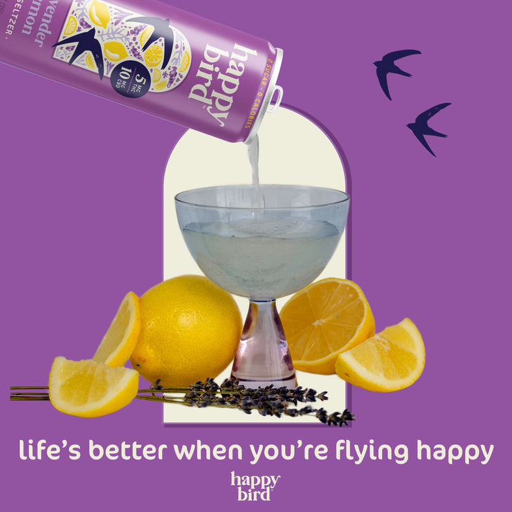 PRE-ORDER: Happy Bird Lavender Lemon THC 5mg Seltzer 12oz 4pk